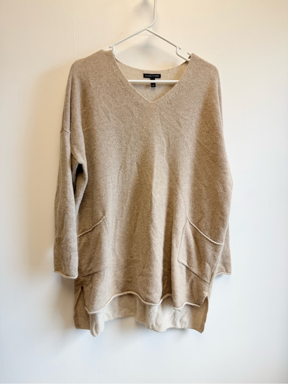 Eileen Fisher 100% Cashmere Tan Oversized V Neck Tunic Sweater Pocket Small